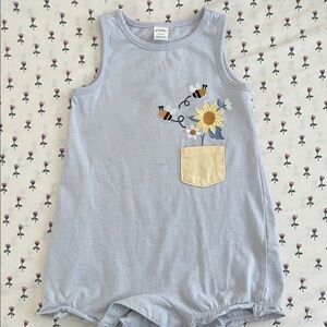 Baby Blue Sleeveless Romper with Bee and Sunflower Embroidery
